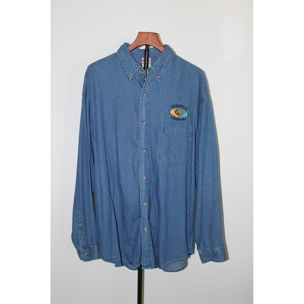 VTG True Fan Jacksonville Jaguars Denim Button Down Shirt Mens Large Blue NFL